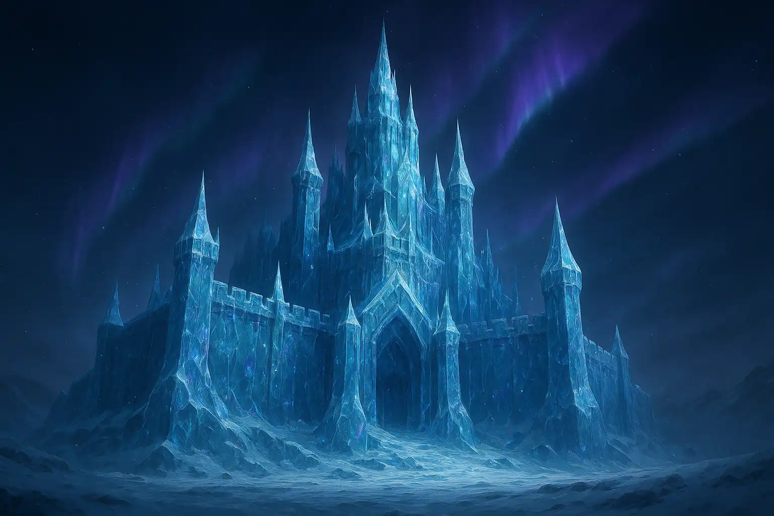 Betarctica ice fortress glowing under the northern lights