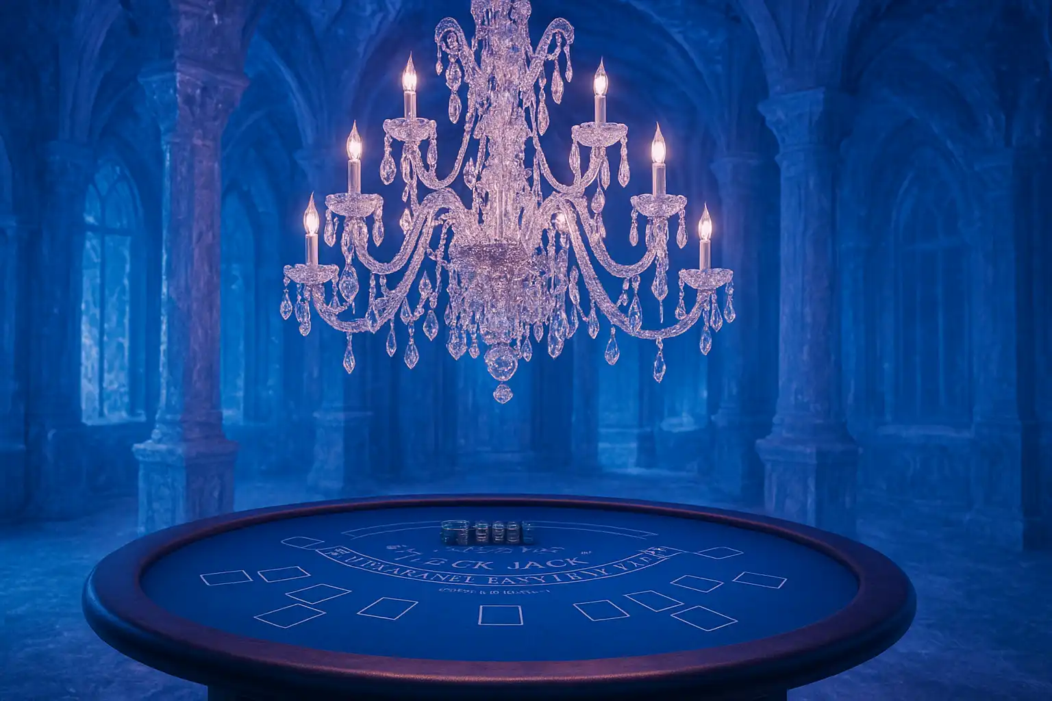 Ice crystal chandelier above a Betarctica casino table